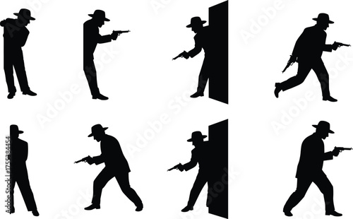 Man Silhouette with Gun, Fedora Hat, Hiding and Peeking Around Corner, Gangster or Secret Agent Action Vector.