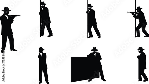 Man Silhouette with Gun, Fedora Hat, Hiding and Peeking Around Corner, Gangster or Secret Agent Action Vector.