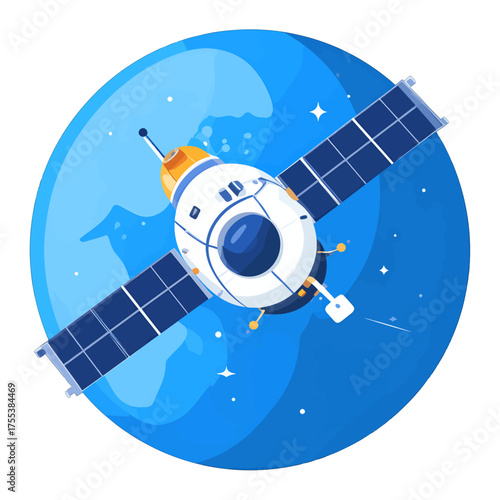 Orbiting Satellite with Blue Solar Panels Against Earth Illustration