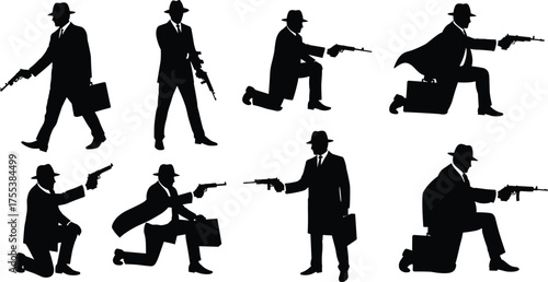 Action Man Silhouette, Suit and Hat, Running and Aiming Gun, Spy, Agent, or Gangster Poses, Black Vector Graphics.