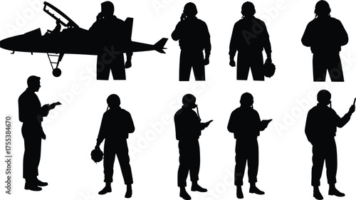 Silhouettes of Military Pilots and Aviators Standing with Jet Aircraft, Wearing Flight Helmets and Uniforms, Aviation and Defense Force Professionals

.