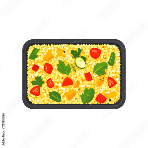 Overhead Rectangular Tray of Yellow Grain Salad with Tomatoes and Greens on White Background