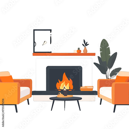 Cozy Living Room with Fireplace and Armchairs in Warm Tones and Minimalist Decor on White Background