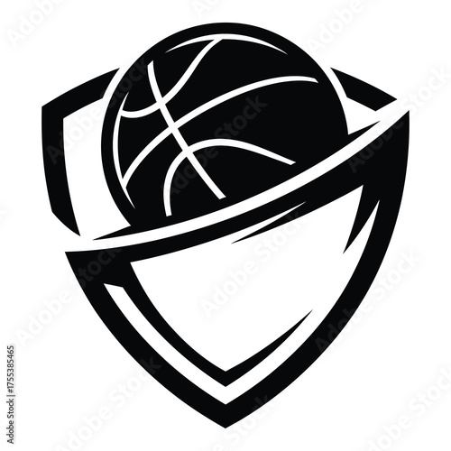 Dynamic basketball emblem showcasing teamwork and protection for sports branding and team logos with a powerful graphic design aesthetic