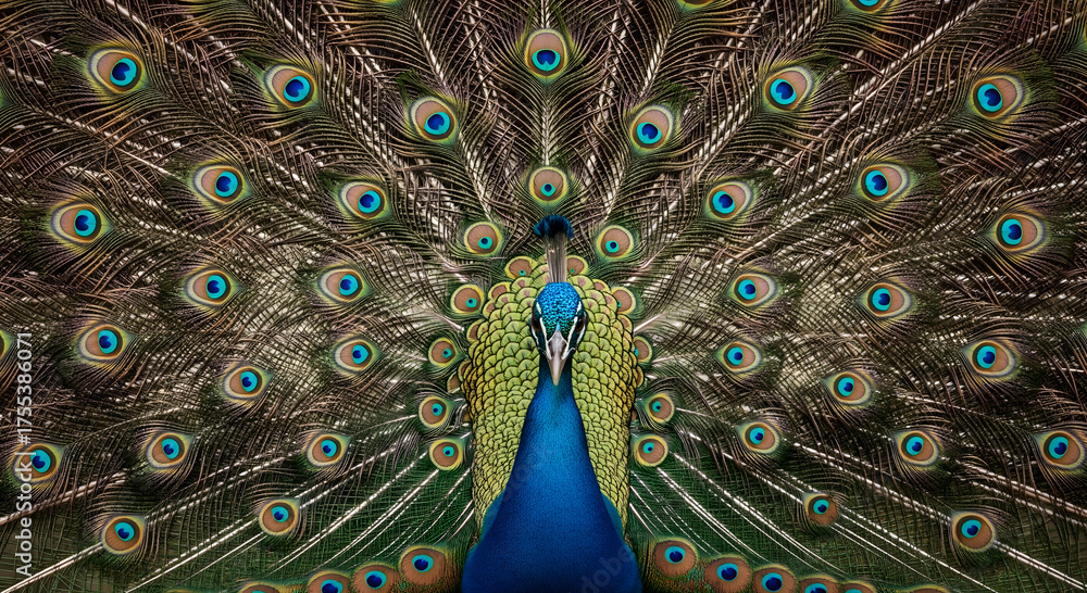 Obraz premium Majestic Peacock Displaying Vibrant Feathers Wildlife Photography