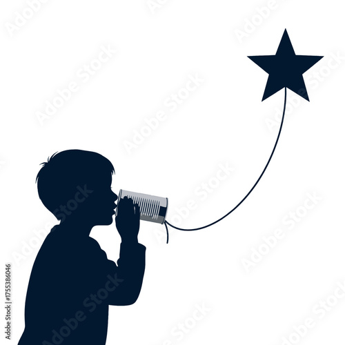 Silhouette of a Child Speaking into a Tin Can Telephone with a Black Star Floating Above Against a White Background Concept