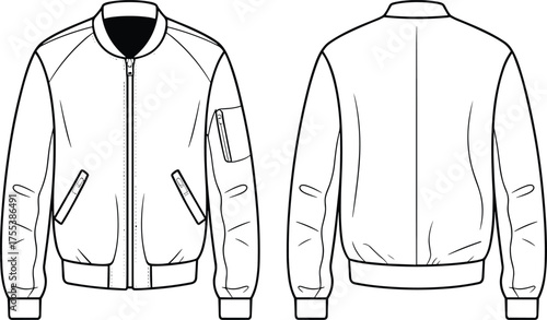 Bomber jacket fashion flat sketch, technical vector illustration with front and back view, zipper pockets, clothing design for apparel CAD template