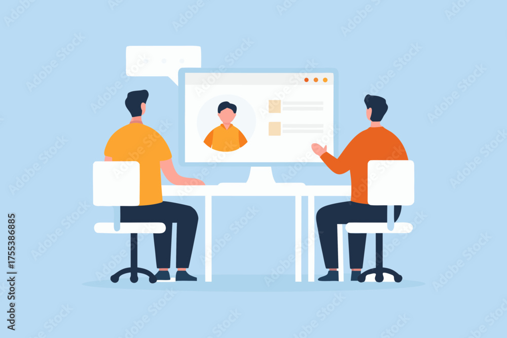 Obraz premium Two people having a video call interview or meeting on a computer screen with speech bubbles