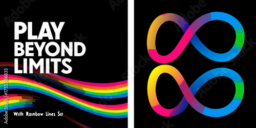 Play beyond limits with colorful rainbow infinity symbols and abstract wavy lines