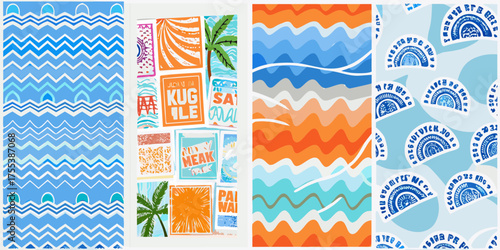 Collage of vibrant summer graphics featuring pool tiles tropical leaves abstract water patterns and party invitations