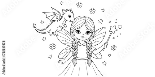 Charming Fairy with Long Braid and Flying Dragon Outline