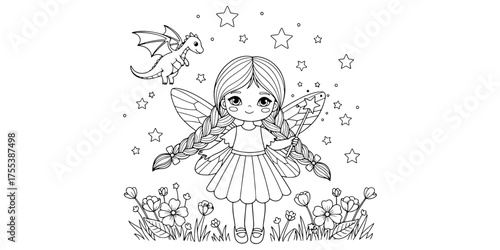 Cute Fantasy Character Outline Black and White