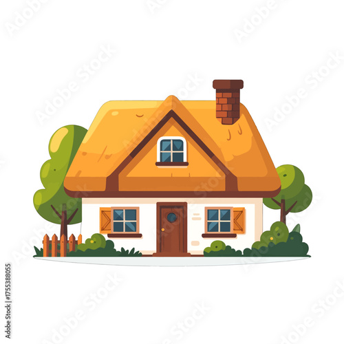 Charming Cottage with Thatched Roof and White Walls Among Green Trees Against White Background Pixel Art Illustration Cozy Residence Rural Dwelling Simple Design
