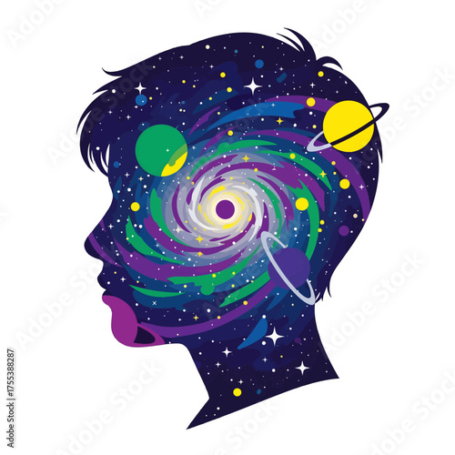Silhouette of a Person's Head Filled with a Colorful Galaxy Nebula Planets and Stars on White Background Conceptual Art