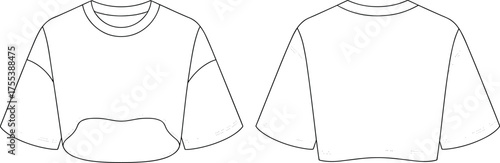 Crop top t-shirt flat sketch, short sleeve casual women top, modern streetwear fashion design, CAD drawing vector illustration template