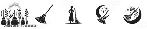 A collection of black broom silhouettes in various styles and angles.