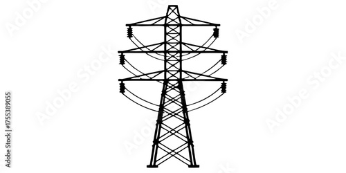 Illustration of power transmission tower electricity pylon energy grid high voltage power lines and insulators