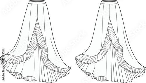 Elegant long layered ruffle skirt fashion flat sketch, pleated flowy maxi skirt design for women, CAD drawing vector template