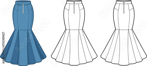 Elegant mermaid flare skirt fashion technical drawing, denim blue vector design, women apparel flat sketch, stylish garment template illustration