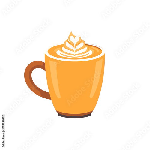 Pixelated Orange Coffee Cup with Latte Art Isolated on White Background