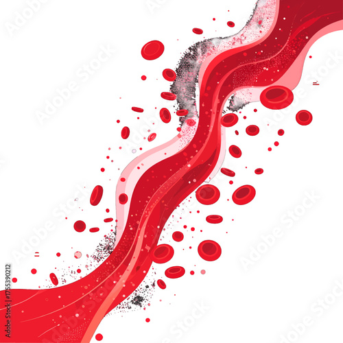 Abstract Bloodstream Illustration with Red Cells and Dark Particles on White Background Medical and Scientific Concept