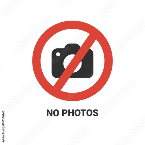 A no photos sign with a crossedout camera icon, indicating that photography is prohibited in the area, red circle with a black camera