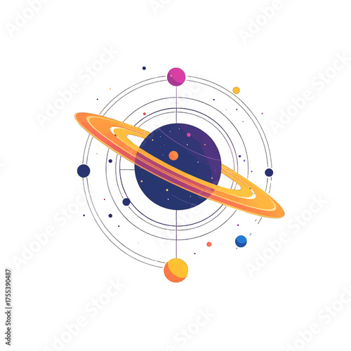 Pixelated Cosmic Planet with Golden Rings and Colorful Accents Against White Background