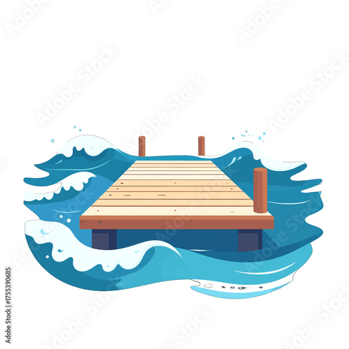 Wooden Pier on Wavy Blue Water with White Foaming Edges Simple Design Isolated on White Background Illustration