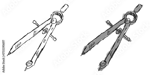Grunge sketch hand-drawn geometry compass vector. Ideal for mathematics, drafting, and precision themes. This graphic symbolizes measurement and tools with a distressed, gritty aesthetic.
