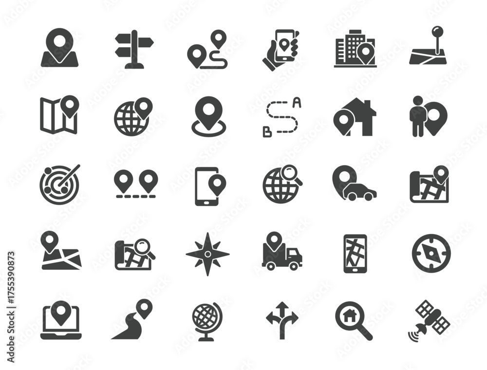 Fototapeta premium Set of Map Location Icons. Solid icon series
