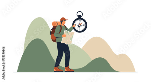 Adventurous Explorer Uses Map And Compass While Trekking In Lush Mountain Ranges