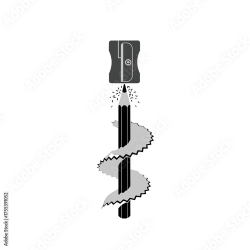 Monochrome Pencil Sharpening Icon Illustration with Swirl of Shavings on White Background Stationery Education Symbol Tool Graphic