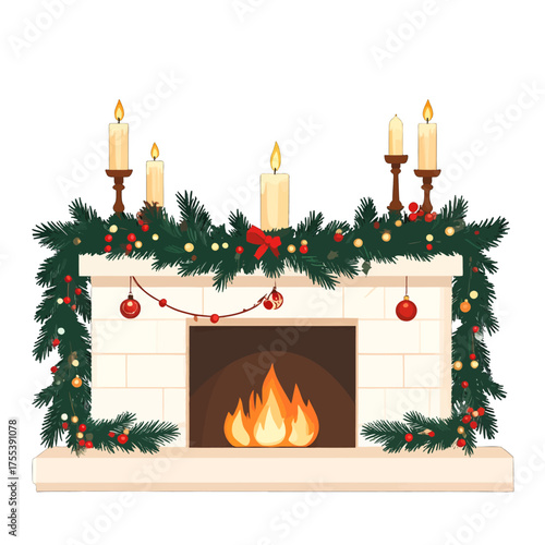Pixel Art Fireplace with Christmas Garland and Candles Festive Holiday Decor