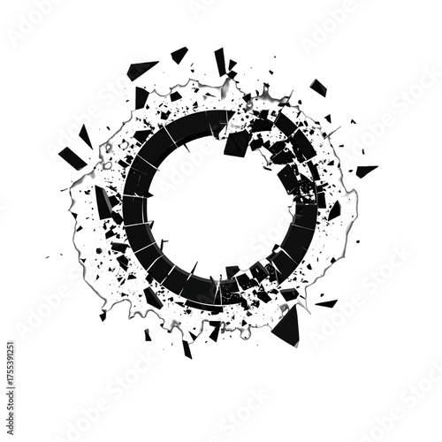 Breaking Black Circle with Geometric Splintering on White Background Graphic
