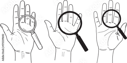 Three hands with magnifying glass silhouette