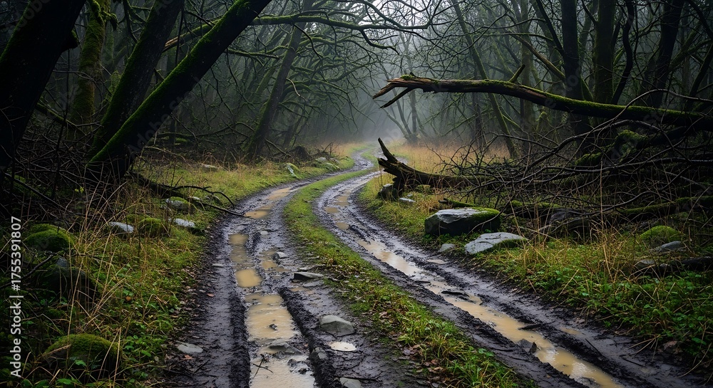 Obraz premium Misty forest dirt road