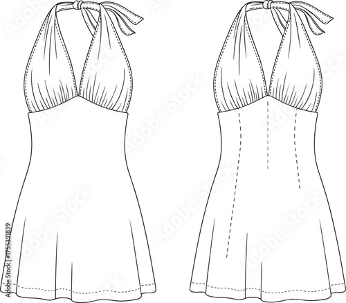 Halter neck mini dress front and back flat sketch, summer fashion garment design, stylish clothing cad drawing vector illustration