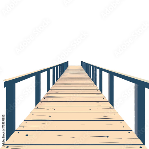 Minimalist Illustration of Wooden Pier with Dark Blue Railings on White Background Under Bright Lighting and Simple Style
