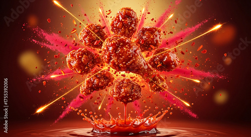 Hot Spicy Fried Chicken Explosion with Sauce and Fire Sparks