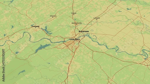 Detailed topographical map showing central Arkansas, including Little Rock, Conway, and surrounding areas,Map of the Arkansas River valley, highlighting cities and the natural landscape around Little 