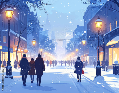 Snowy street scene with city lights at night. Winter walk through a snow-covered street. People enjoying a snowy evening on a quiet street. Snow falling on a bustling winter street