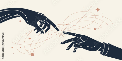 Two Dark Hands Reaching Out Towards Each Other With Celestial Elements