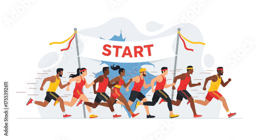 Athletes Compete At The Beginning Of A Long Race, A Sports Themed Illustration