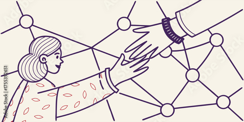 Two people reaching out to connect across a digital network of nodes and lines illustrating collaboration and partnership