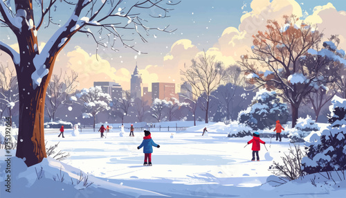 Ice skaters enjoying a beautiful winter afternoon. Kids skating with city skyline view on snowy day. Winter fun in a city park with ice skating. Snowy Central Park with ice skaters on the rink