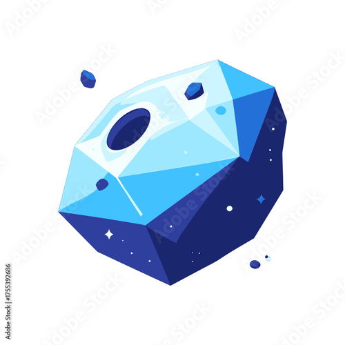 Abstract Pixelated Blue Asteroid with Faceted Surface on White Background