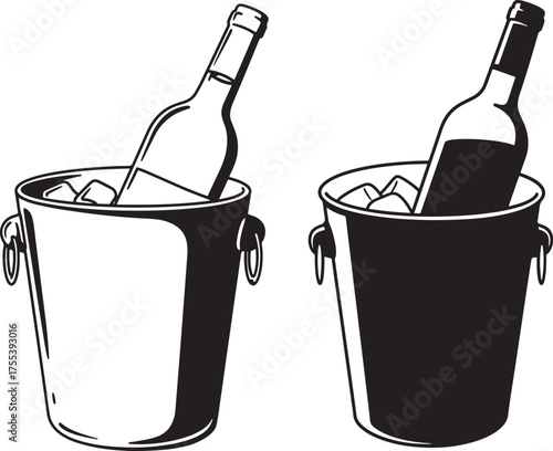 Two wine bottles chilling in ice buckets silhouette
