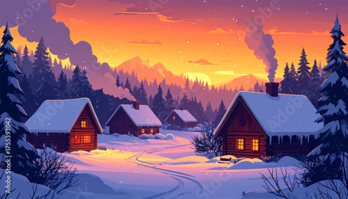 Snowy village with warm, glowing cabins in the winter dusk. Charming rustic cabins glowing warmly under snowy skies. Winter cabins with lights shining brightly in the snow