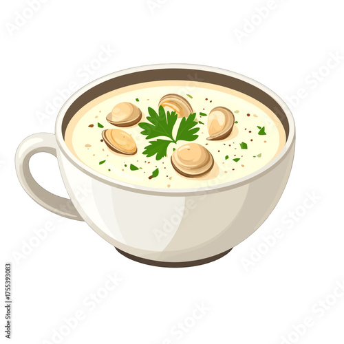 Creamy Clam Chowder with Parsley in a White Bowl Pixel Art Illustration with Detailed Texture and Soft Lighting Soup Still Life