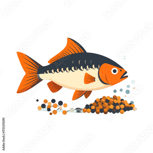 Orange and Dark Grey Fish Consuming Pellets with Simple Cartoon Style Isolated on White